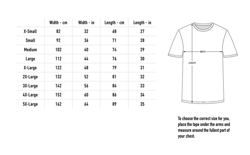 Size chart for 2026 US Tour Tee - Black