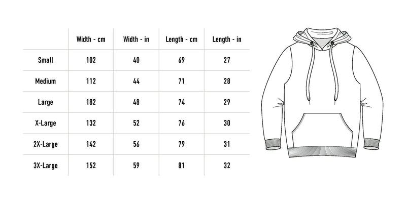 Size chart for Flaming Hoodie - Black